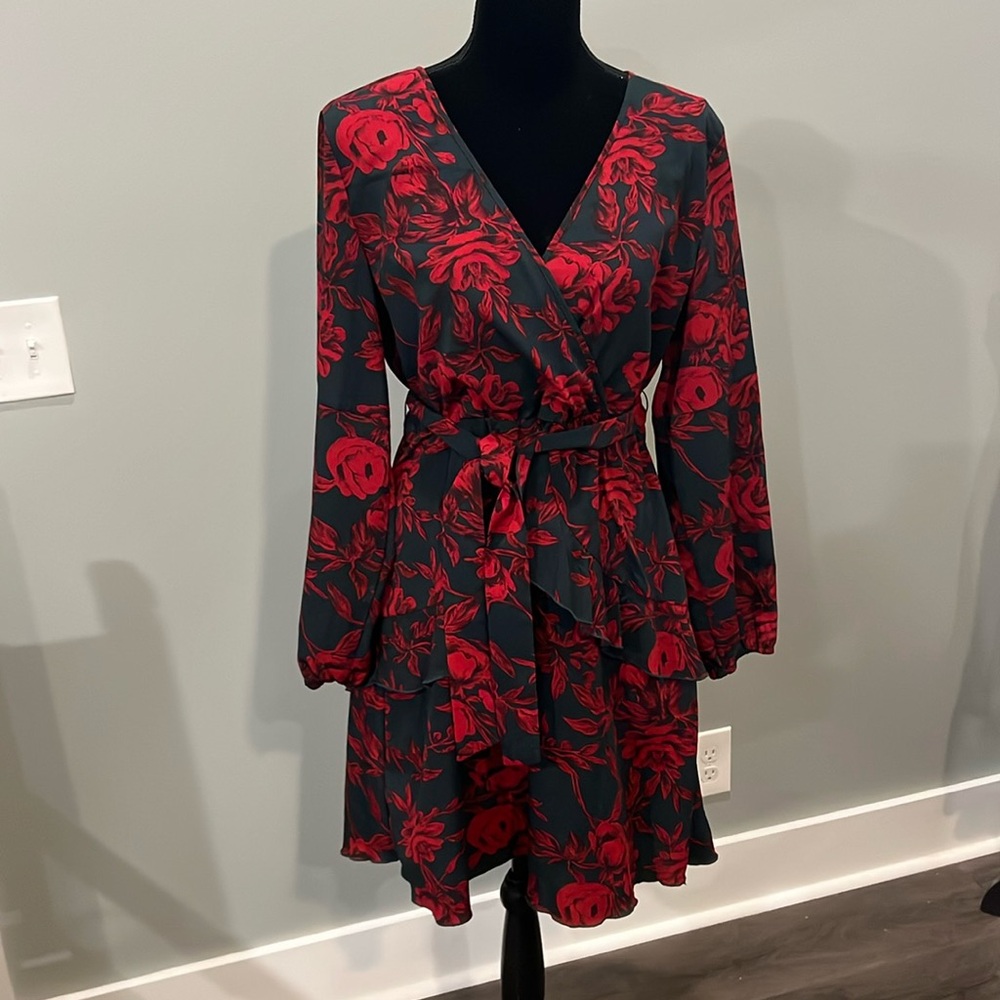 Long Sleeve V Neck Dress Floral Dress with Belt Charcoal Red XL